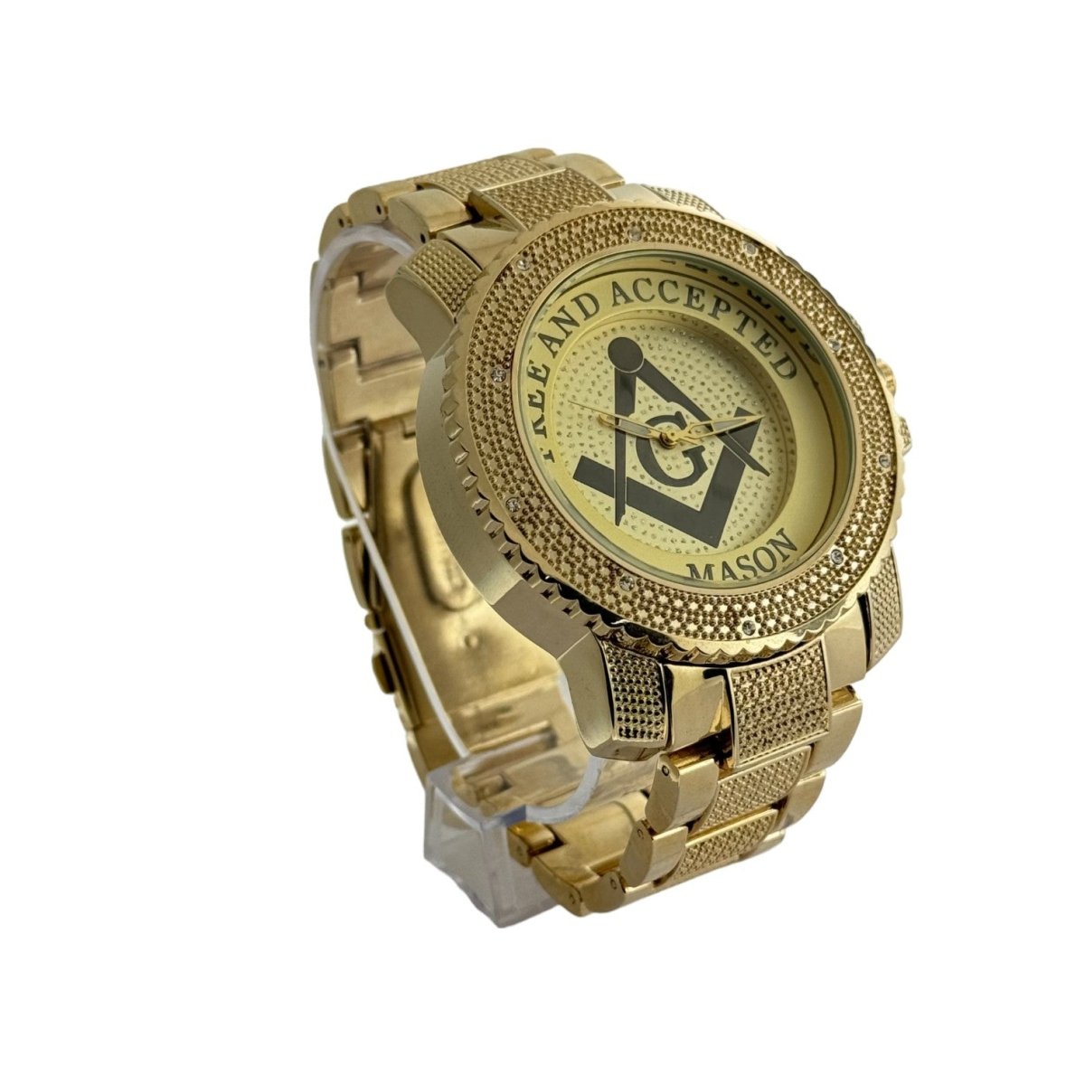 Free and Accepted Masonic Iced Out Gold Stainless Steel Watch