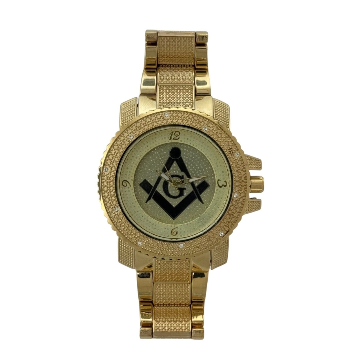 Masonic Iced Out Gold Stainless Steel Watch