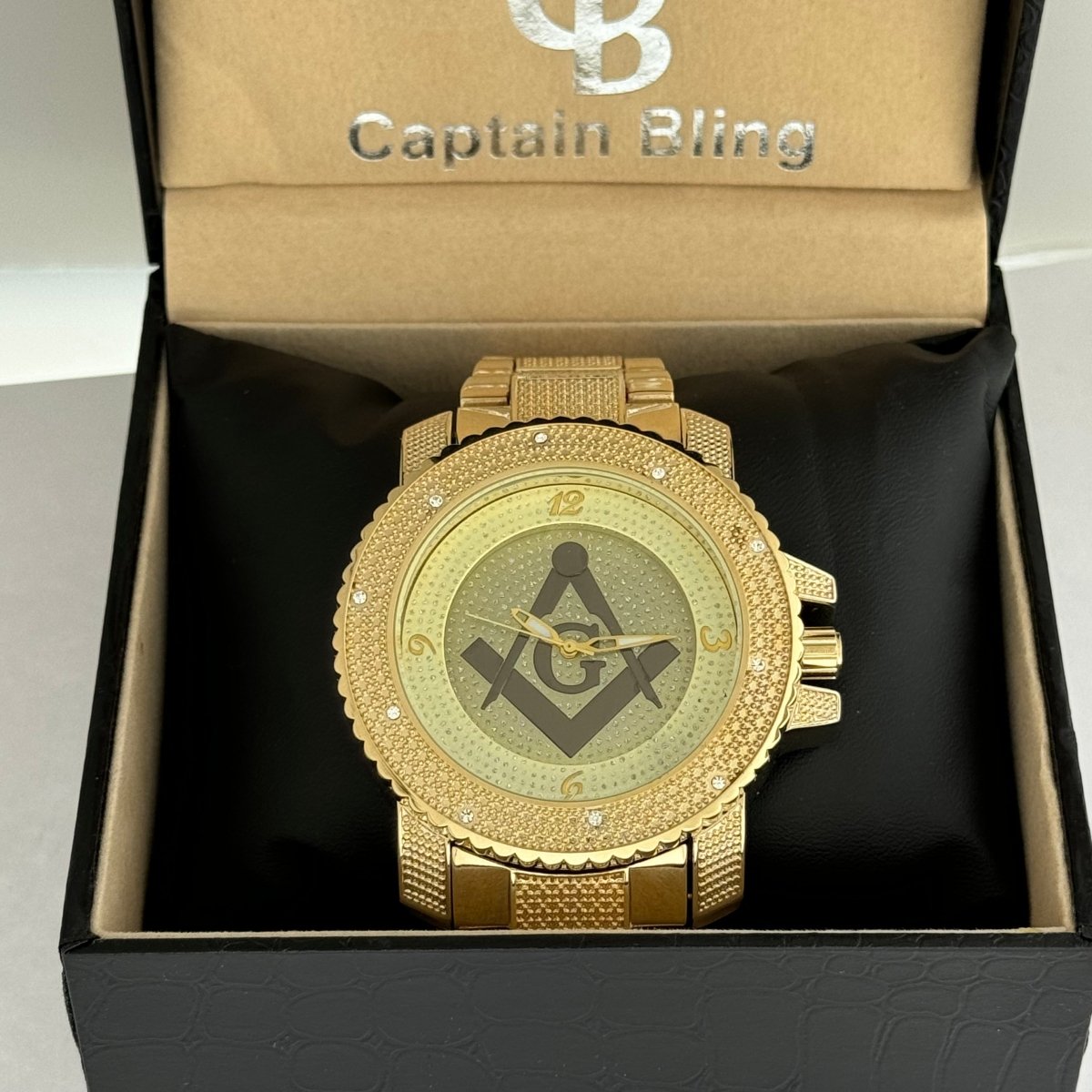 Masonic Iced Out Gold Stainless Steel Watch