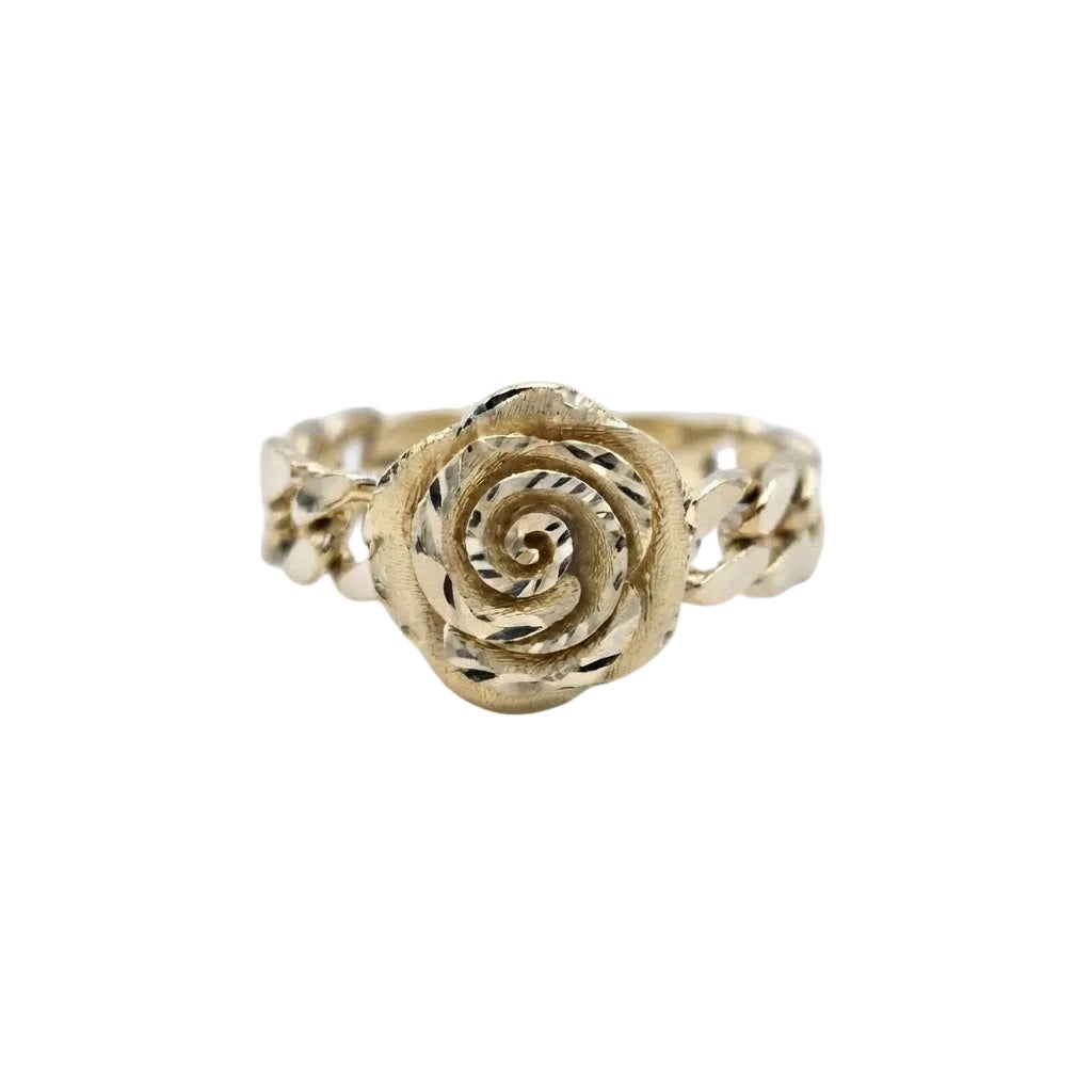 10KT rose ring with 3D floral design and Cuban chain style shank, approximately 3.6 grams