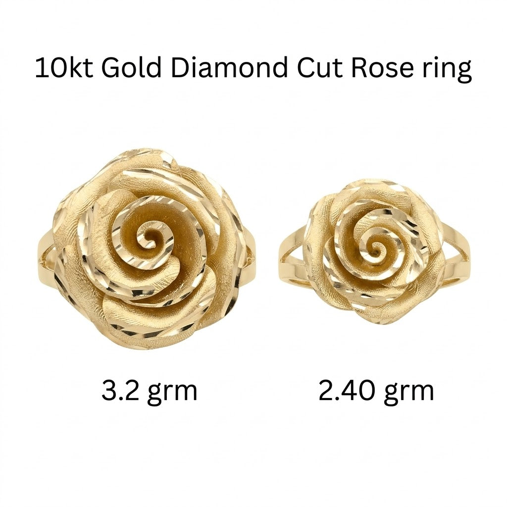 10K gold rose ring with 3D satin finish and diamond-cut detailing