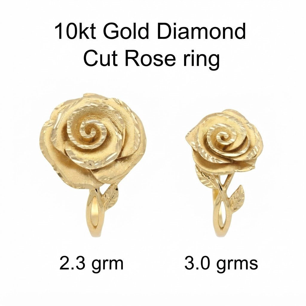 10KT gold rose ring with 3D rose flower design and petal detail, satin and diamond-cut finish