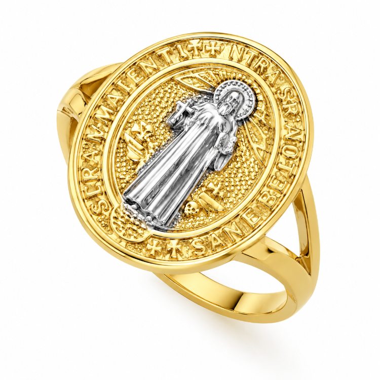 10KT Gold San Benito Saint Benedict Ring – Oval Shape Religious Catholic Ring